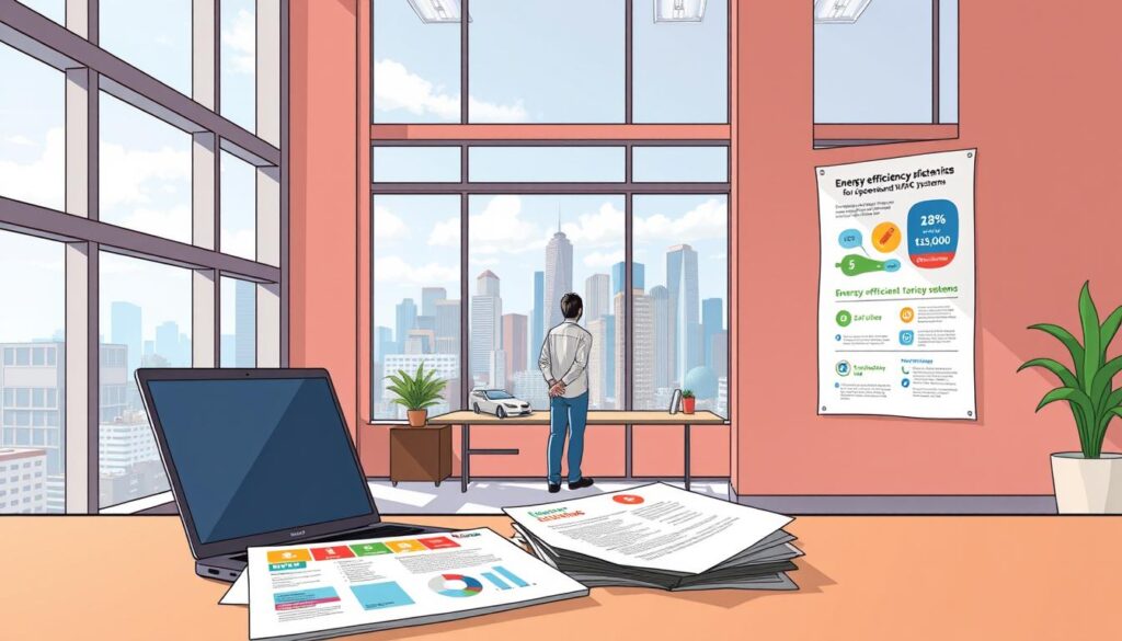 A bright, modern office interior with large windows letting in natural light. In the foreground, a desk displays an open laptop and a stack of documents highlighting energy efficiency programs and incentives. On the wall, an informative infographic outlines the benefits and savings of upgrading to energy-efficient HVAC systems. The middle ground features a person studying the materials, contemplating their options. In the background, a skyline of a bustling city can be seen through the windows, symbolizing the broader impact of energy efficiency initiatives. The overall atmosphere conveys a sense of education, opportunity, and a commitment to sustainability.