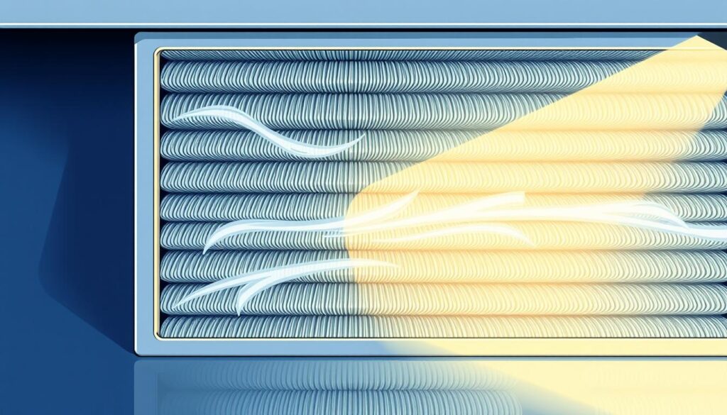 A clean, well-lit air filter system with a high MERV rating, showcasing the intricate internal structure of the filter media. The air currents are visible, gently flowing through the dense array of fibers, capturing and trapping fine particulates. The filter housing has a sleek, minimalist design, emphasizing the efficiency and technical precision of the filtration process. The overall scene conveys a sense of importance and functionality, highlighting the critical role of MERV ratings in maintaining indoor air quality and system performance.