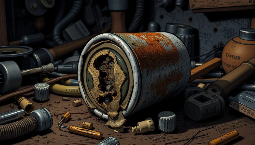 A close-up view of a damaged capacitor, its metal casing corroded and bulging, revealing the worn and discolored internal components. The capacitor sits atop a cluttered workbench, with tools and other electronics components scattered around, casting deep shadows across the scene. The lighting is dramatic, with a single, focused beam highlighting the capacitor's imperfections, conveying a sense of age and neglect. The overall atmosphere is one of mechanical failure and the need for repair, reflecting the subject of the article.