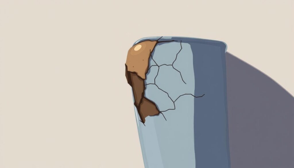 A close-up view of a malfunctioning capacitor, its surface cracked and discolored, indicating a loss of integrity. The capacitor is positioned against a muted, neutral background, drawing the viewer's attention to the component's deteriorating state. Soft, diffused lighting casts subtle shadows, emphasizing the textural details of the failing part. The image conveys a sense of technical failure, hinting at the potential consequences of a capacitor's demise in an HVAC system.