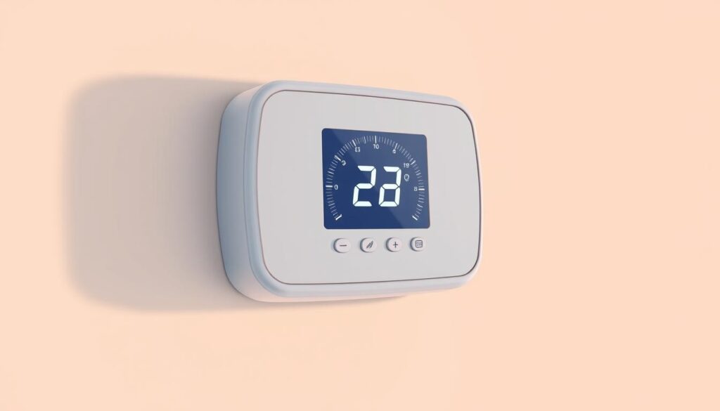 A close-up view of a modern digital thermostat with a sleek, minimalist design. The thermostat display shows the current temperature settings, with the temperature dial and buttons clearly visible. The thermostat is mounted on a clean, neutral-colored wall, casting a soft, even light across the scene. The composition highlights the simplicity and functionality of the device, conveying a sense of control and efficiency in the home environment.