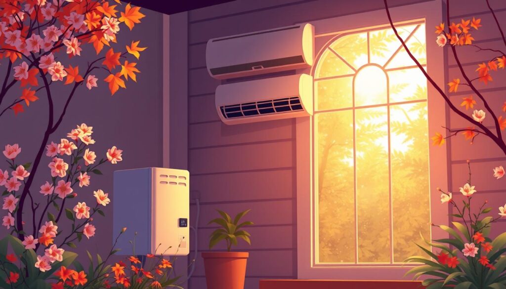 A cozy, autumnal scene of a well-lit home with a newly installed air conditioning unit on a warm, sunny spring day. The unit is prominently displayed against a backdrop of blooming flowers and lush greenery, suggesting the optimal time for installation. The lighting is soft and diffused, with warm hues that evoke a sense of comfort and energy efficiency. The angle showcases the unit's sleek, modern design, inviting the viewer to consider upgrading their own system during the off-season. The overall atmosphere conveys the benefits of planning ahead and taking advantage of the best time to purchase and install a new air conditioner.