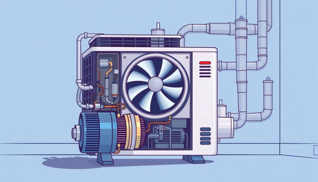 A cross-section of a residential air conditioning system, showcasing its intricate inner workings. In the foreground, the compressor and condenser coil are prominently displayed, with the refrigerant lines snaking through the frame. The middle ground features the air handler unit, its fan gently spinning, drawing in warm air from the room. In the background, the evaporator coil and ductwork are visible, creating a sense of depth and complexity. The entire scene is bathed in a cool, bluish hue, emphasizing the system's purpose of providing refreshing, chilled air. The composition is well-balanced, with a technical yet visually appealing aesthetic that would complement the accompanying article section.