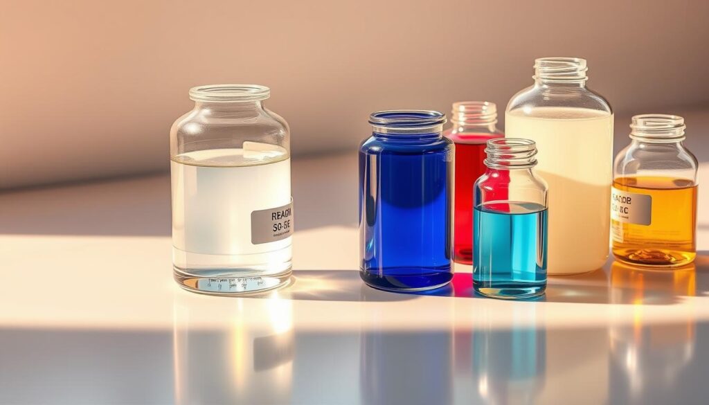 A detailed closeup view of various refrigerant types in glass containers, showcasing their unique colors and chemical compositions. The containers are arranged on a sleek, reflective surface, casting soft shadows and creating a sense of depth. Warm, natural lighting from the side emphasizes the transparency and clarity of the liquids, allowing the viewer to appreciate the distinct properties of each refrigerant. The overall composition is minimalist and elegant, drawing the focus to the technical details and the importance of understanding the different refrigerant options for air conditioning systems.