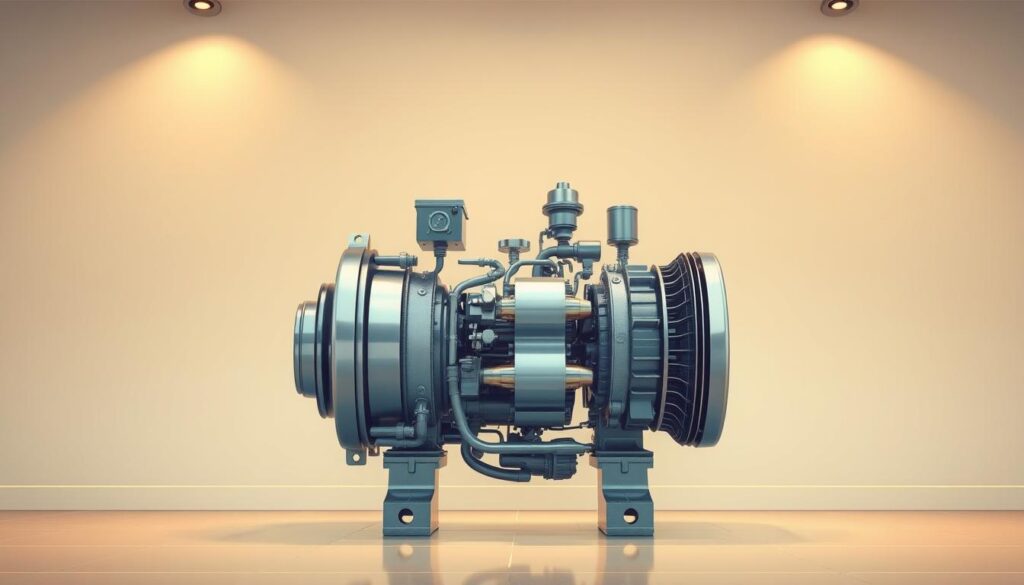 A detailed cross-section of an air conditioning compressor, showcasing its inner workings with precision. The compressor housing stands in the foreground, its metallic surface reflecting the warm, diffused lighting from above. The middle ground reveals the intricate components, such as the pistons, valves, and refrigerant lines, all meticulously rendered. In the background, a clean, minimalist environment allows the compressor technology to take center stage, highlighting its engineering and functionality. The overall mood is one of technical sophistication and visual clarity, inviting the viewer to explore the intricacies of this essential HVAC component.