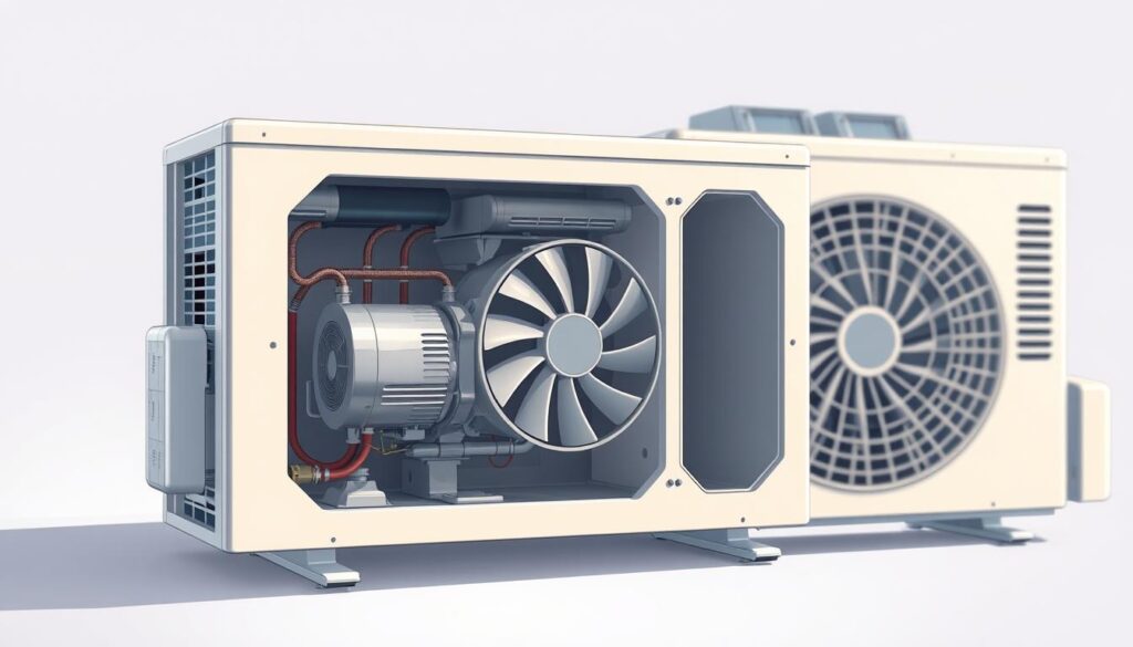A detailed cutaway view of a split system air conditioner's inner workings, showcasing the essential components in a clean, technical illustration. In the foreground, a transparent housing reveals the compressor, refrigerant lines, and heat exchanger. The middle ground features the air handler unit with its fan and airflow vents. The background depicts the outdoor condenser unit with its own heat exchanger and fan. Lighting is crisp and directional, emphasizing the intricate mechanical details. The overall mood is one of precision engineering and functional elegance, reflecting the split system's efficient cooling mechanism.