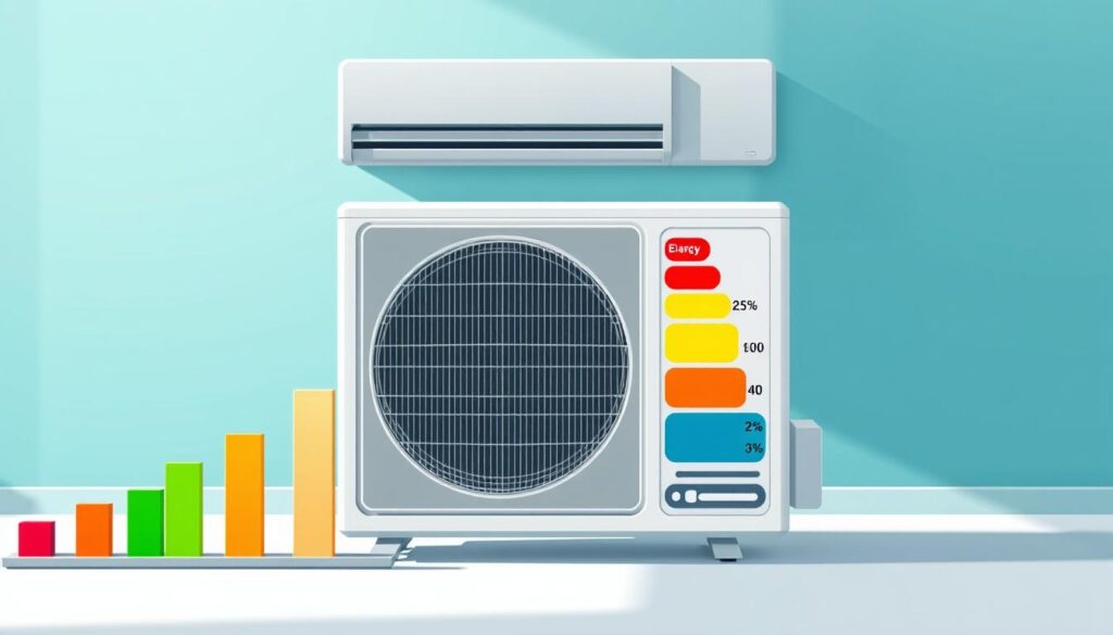 A detailed illustration of energy efficiency ratings showcasing a sleek, minimalist design. In the foreground, a series of colorful horizontal bars representing different energy efficiency levels, ranging from low to high. The bars are arranged in a neat, organized manner, conveying a sense of clarity and structure. In the middle ground, a modern air conditioning unit is prominently displayed, its sleek lines and neutral tones complementing the efficiency ratings. The background features a subtle, soft-focus gradient in shades of blue and green, evoking a sense of environmental friendliness and sustainability. Crisp, natural lighting illuminates the scene, emphasizing the technical details and creating a professional, authoritative atmosphere.