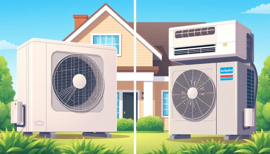 A detailed illustration of two side-by-side home appliances - a modern heat pump and a traditional air conditioner unit. The heat pump has a sleek, cylindrical outdoor condenser unit and a compact indoor air handler, while the air conditioner features a boxy outdoor unit and a wall-mounted indoor unit. The appliances are shown against a backdrop of a contemporary suburban home, with a clear blue sky and lush greenery in the foreground. Soft, directional lighting highlights the mechanical components and emphasizes the key similarities between the two systems - their compact designs, efficient cooling capabilities, and ability to maintain a comfortable indoor climate. The overall scene conveys a sense of technological advancement and energy-efficient home comfort.