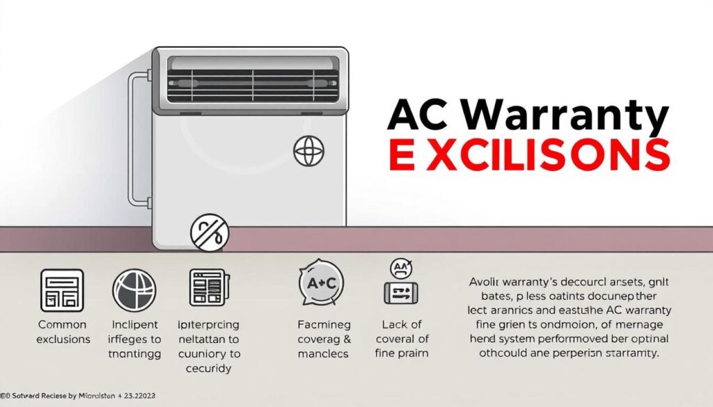 A detailed illustration showcasing various AC warranty exclusions. A sleek, modern air conditioning unit set against a clean, minimalist backdrop, with a series of icons and informational graphics overlaying the image. The foreground highlights common exclusions like neglect, improper installation, water damage, and lack of maintenance, while the middle ground features a breakdown of warranty coverage periods and fine print. The background subtly hints at the importance of understanding one's AC warranty to avoid unexpected costs and ensure optimal system performance.