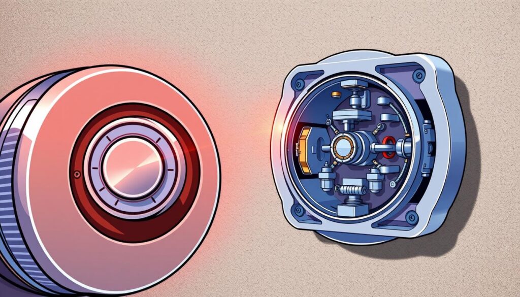 A detailed technical diagram depicting the inner workings of a thermostat, showcasing the components responsible for temperature regulation. In the foreground, a close-up view of the thermostat's bimetallic strip, dial, and temperature sensor, highlighted by crisp, directional lighting. In the middle ground, an exploded, cross-sectional view of the thermostat's housing, revealing the intricate mechanisms that control the heating and cooling cycles. The background features a subtly textured, industrial-inspired backdrop, emphasizing the precision engineering and functional aesthetic of the device. The overall scene conveys a sense of technical sophistication and the critical role of the thermostat in maintaining comfortable indoor temperatures.