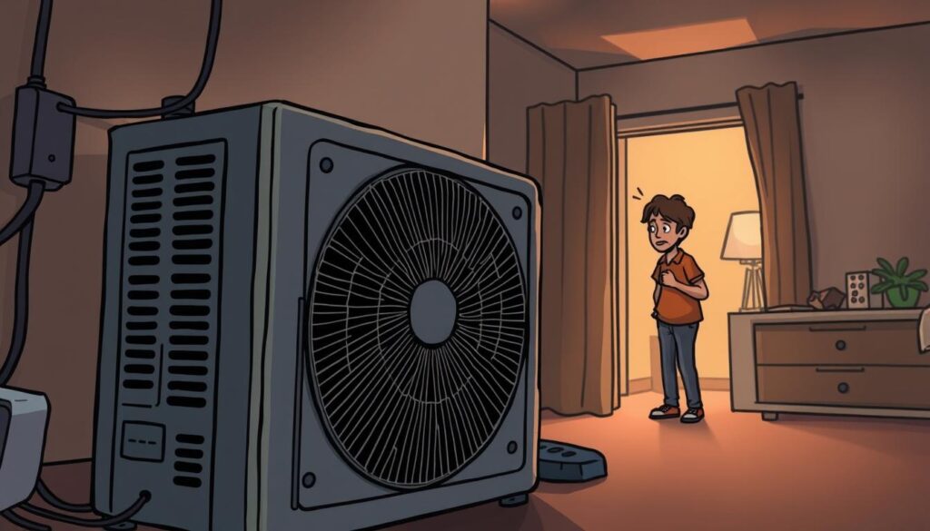 A dimly lit room with a noisy air conditioning unit in the foreground, its rattling and vibrating components clearly visible. In the middle ground, a concerned homeowner examines the unit, trying to identify the source of the disturbance. The background is hazy, emphasizing the focus on the AC unit and the homeowner's inspection. Soft shadows and warm lighting create an atmospheric, problem-solving mood. The overall scene conveys the frustration and challenge of dealing with a noisy air conditioning system.
