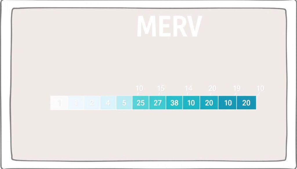 A high-contrast, detailed illustration of the MERV (Minimum Efficiency Reporting Value) rating scale, displayed as a clean, minimalist diagram on a plain background. The scale ranges from 1 to 20, with each rating level clearly delineated and labeled, showcasing the progressive filtration efficiency for air conditioning and ventilation systems. The image should convey a sense of technical precision and educational clarity, suitable for inclusion in an informative article about MERV ratings and their importance in air filter selection.