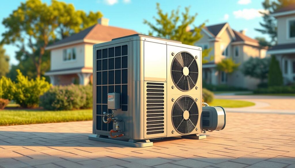 A high-resolution, detailed image of a modern, energy-efficient heat pump system. The pump is situated in the middle ground, its sleek, metallic exterior gleaming under the warm, diffused lighting. The background features a suburban residential setting, with lush greenery and a clear blue sky. The foreground showcases the system's various components, such as the compressor, refrigerant lines, and airflow vents, all meticulously rendered to highlight the technical aspects of the heat pump. The overall composition conveys a sense of efficiency, innovation, and environmental sustainability.