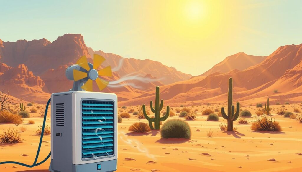 A hot, arid desert landscape under a scorching sun. In the foreground, an evaporative cooler unit stands prominently, its fan blades spinning and water-soaked pads visible. Warm, dry air is drawn in, cooled by the evaporative process, and expelled as a refreshing breeze. The desert surroundings are parched and sun-bleached, creating a stark contrast with the cooler's efficient performance. In the middle ground, a cluster of cacti and scrubby bushes sway gently in the breeze. The background is dominated by rugged, sun-baked mountains, their steep slopes and rocky outcrops casting long shadows across the scene. Rays of warm sunlight filter through the dry air, creating a hazy, shimmering effect. The overall mood is one of arid heat and the cooling relief provided by the evaporative cooler's operation.