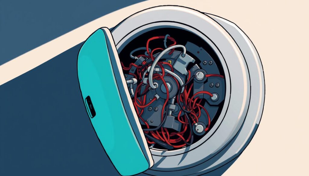 A malfunctioning thermostat with its internal components in disarray, captured in a detailed, high-resolution close-up. The device's face plate is slightly askew, revealing a tangled web of wires and circuit boards. The lighting is stark and clinical, casting sharp shadows that emphasize the thermostat's complex inner workings. The overall mood is one of technical dysfunction, hinting at the potential impact on the connected HVAC system. The image should convey a sense of the thermostat's critical role in regulating temperature and the importance of addressing any issues with it.