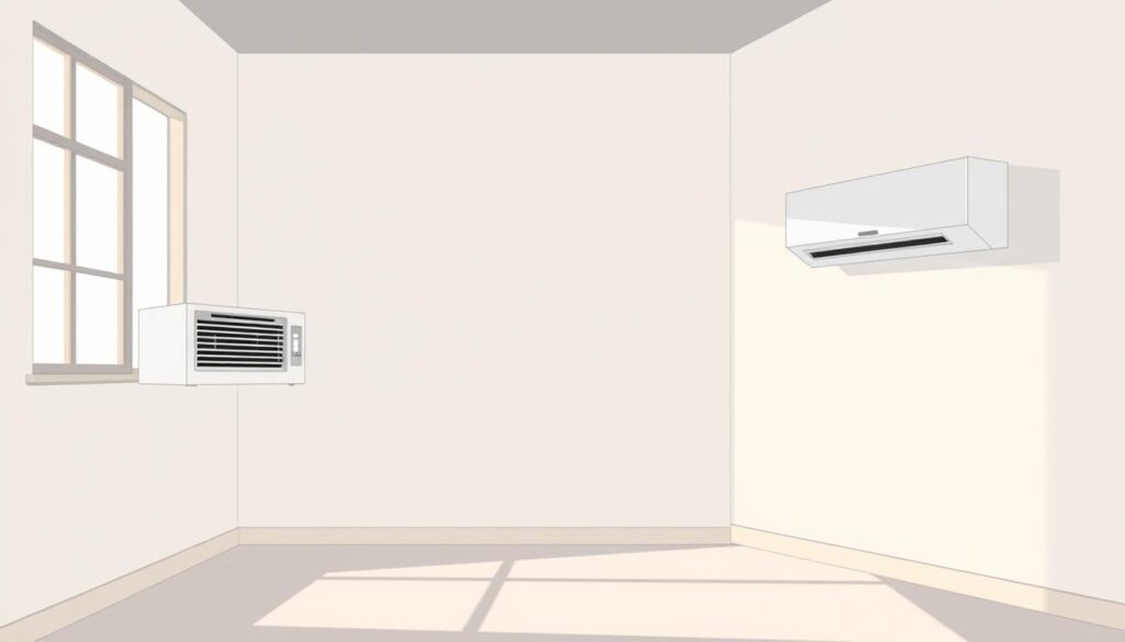 A minimalist, clean-lined interior with a window unit air conditioner on the left and a sleek, wall-mounted mini-split system on the right. The window unit is a classic white box design with simple controls, while the mini-split features a slim, unobtrusive indoor unit and a discreet outdoor compressor. Soft, natural lighting illuminates the space, highlighting the subtle differences in design and size between the two cooling options. The overall mood is one of functional simplicity, inviting the viewer to compare and contrast the two systems.