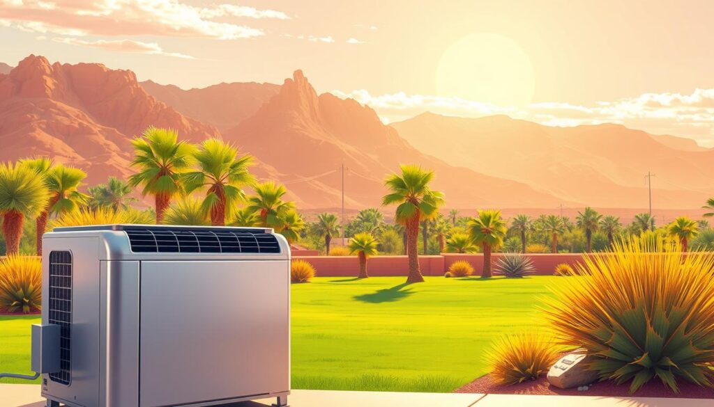 A modern, energy-efficient air conditioning unit set against the backdrop of a bright, sun-drenched Arizona landscape. The unit is positioned prominently in the foreground, its sleek metallic chassis gleaming under the harsh desert sunlight. The middle ground features a well-manicured lawn, dotted with vibrant palm trees swaying gently in the warm breeze. In the distant background, the silhouettes of towering mountains rise up, their peaks partially obscured by wispy clouds. The overall scene conveys a sense of comfort and relief from the Arizona heat, highlighting the crucial role of air conditioning in maintaining a livable environment in this arid climate.
