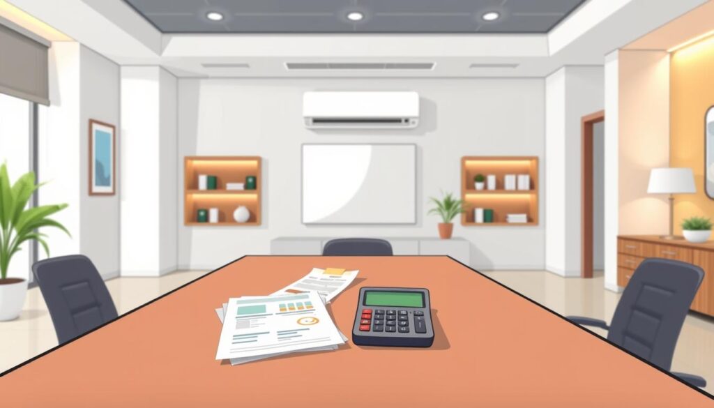 A modern, well-lit office interior with a large desk in the foreground. On the desk, various financial documents and a calculator are neatly arranged, symbolizing the process of researching and calculating AC unit financing fees. The background features a sleek, minimalist decor with warm lighting, suggesting a professional and thoughtful atmosphere. The overall composition conveys a sense of organization, attention to detail, and thorough financial planning when it comes to selecting the best AC unit financing options.