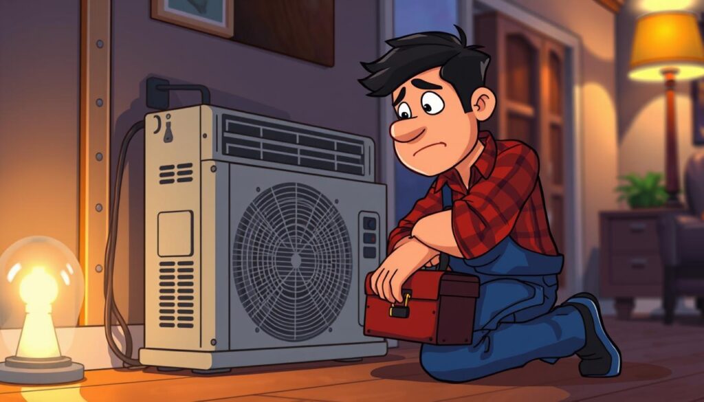 A repairman with a toolbox kneeling down next to an indoor air conditioning unit, examining it closely with a concerned expression. The scene is set in a dimly lit residential interior, with warm lighting from a nearby floor lamp casting dramatic shadows. The background is blurred, emphasizing the focus on the repair work. The overall atmosphere conveys a sense of urgency and the need for prompt action to address the malfunctioning AC system.