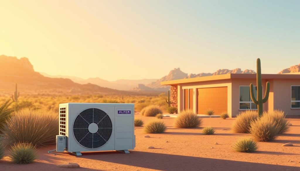 A serene Arizona desert landscape, with a modern energy-efficient home in the foreground. The home's HVAC unit is prominently displayed, showcasing the high SEER rating. In the background, a cloudless sky fades into distant rocky hills and cacti. Warm, golden sunlight bathes the scene, highlighting the home's sleek, contemporary design. The composition emphasizes the importance of selecting the optimal SEER rating for maximizing energy efficiency and cost savings in Arizona's hot, arid climate.