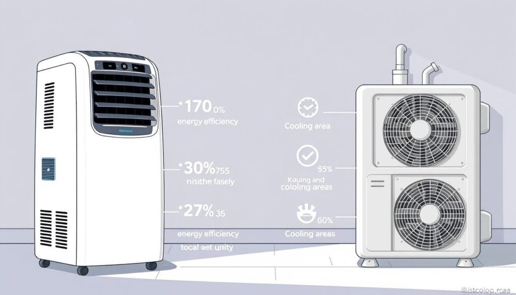 A side-by-side comparison of two air conditioning units, showcasing their cooling capacities. The foreground features the portable AC unit and the central air conditioning system, prominently displayed against a clean, minimalist background. Technical details like BTU ratings, energy efficiency, and cooling areas are subtly integrated into the composition, providing the viewer with objective performance data. The lighting is soft and natural, emphasizing the sleek, modern design of the appliances. The overall mood is informative and visually engaging, inviting the reader to explore the relative strengths and weaknesses of each cooling solution.