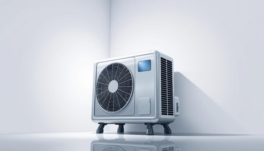 A sleek, modern air conditioning system, its metallic exterior gleaming under soft, diffuse lighting. The unit is positioned at the center of the frame, surrounded by a clean, minimalist background. The image captures the system's compact and efficient design, with a focus on the intricate details of the components and vents. The composition emphasizes the system's integration into the architectural space, with a subtle reflection on the floor or a nearby surface, conveying a sense of seamless integration. The overall mood is one of technological sophistication and functional elegance, complementing the article's focus on the breakdown of AC installation costs.
