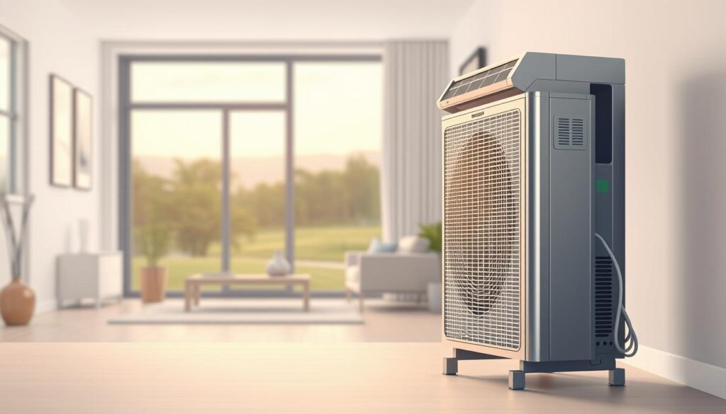 A sleek, modern air conditioning system unit standing prominently in the foreground, its metallic casing reflecting the soft, even lighting. In the middle ground, a minimalist, well-designed home interior comes into focus, while the background fades into a serene outdoor landscape, hinting at the system's role in creating a comfortable living environment. The composition conveys a sense of efficient, seamless integration between the technological and the domestic, with clean lines and a muted color palette reinforcing the overall aesthetic.