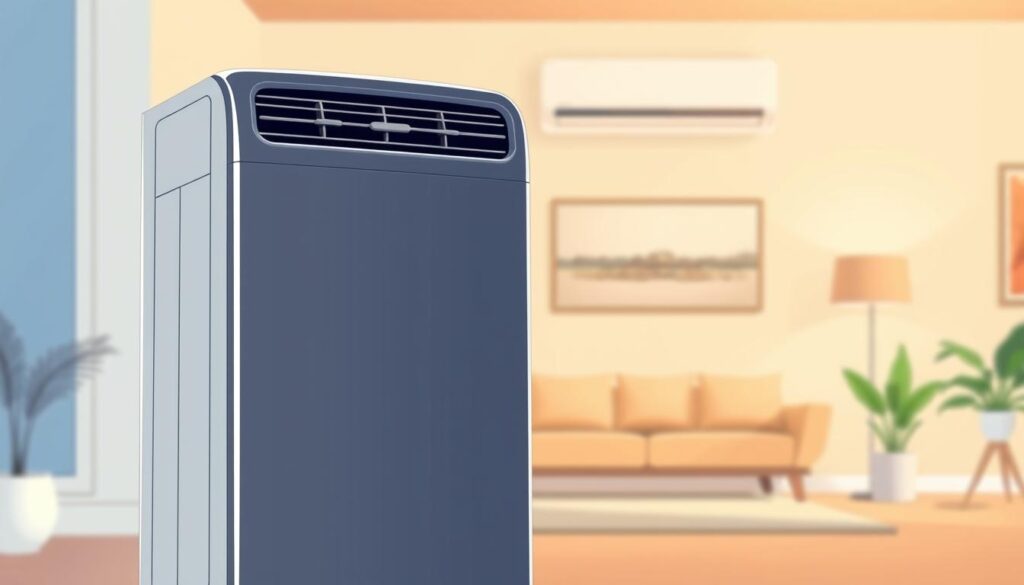 A sleek, modern air conditioning unit stands prominently in the foreground, its sleek design and prominent size commanding attention. In the middle ground, a room interior unfolds, showcasing the importance of selecting the right-sized unit for the space. The background features a subtle, warm-toned palette, creating a sense of comfort and efficiency. The lighting is soft and diffused, highlighting the air conditioner's visual appeal and emphasizing its centrality within the scene. The overall composition conveys the message that when it comes to air conditioning, size truly does matter for optimal performance and comfort.