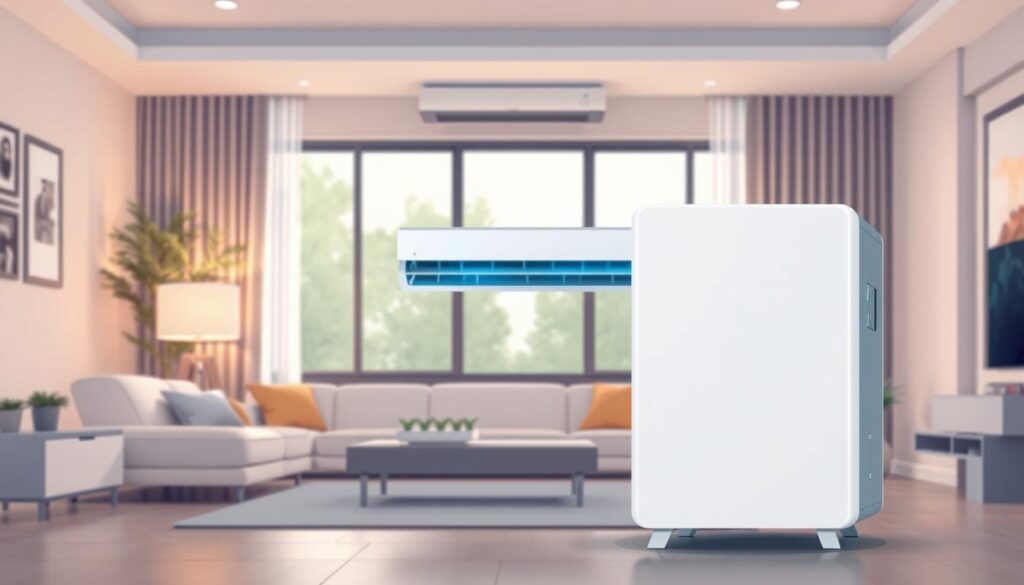 A sleek, modern smart air conditioner unit dominates the foreground, its clean lines and minimalist design exuding technological sophistication. The air conditioner is set against a backdrop of a stylishly furnished living room, with warm, diffused lighting casting a cozy glow. The middle ground features a large window, allowing natural light to stream in and highlight the unit's advanced cooling capabilities. The overall atmosphere is one of comfort, efficiency, and seamless integration of cutting-edge climate control technology into the home environment.