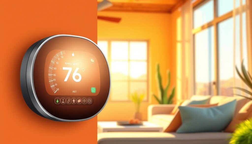 A sleek, modern smart thermostat display set against a warm, sun-drenched Arizona home interior. The thermostat's digital interface showcases energy-saving metrics and customizable temperature settings, its bold, minimalist design blending seamlessly with the surrounding decor. Soft, diffused lighting from nearby windows casts a gentle glow, creating a sense of comfort and efficiency. The overall scene conveys the integral role of smart thermostats in maintaining comfort and minimizing energy costs in the extreme climate of the American Southwest.