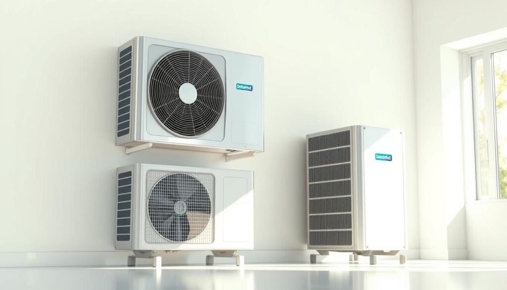 A sleek, modern split system air conditioner with its components neatly arranged in a well-lit, minimalist setting. The indoor unit, with its clean lines and brushed aluminum finish, takes center stage, seamlessly integrated into the bright, airy environment. The outdoor compressor unit stands nearby, its metallic casing reflecting the surrounding natural light. Meticulously detailed, the image showcases the intricate engineering and technological marvel of this efficient climate control system, inviting the viewer to appreciate the marvels of split system air conditioning.