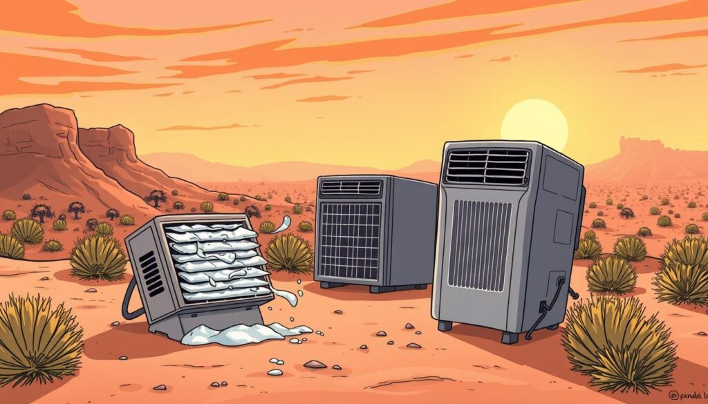 A sun-drenched Arizona landscape, where the arid heat poses a formidable challenge. In the foreground, an evaporative cooler struggles to maintain a comfortable temperature, its moist pads battling the relentless desert winds. In the middle ground, a traditional air conditioning unit stands resolute, its sleek lines a testament to the modern solutions required to tame this unforgiving climate. The background fades into a hazy horizon, where the sun's rays glint off the horizon, a reminder of the persistent demand for effective cooling technologies in this region.