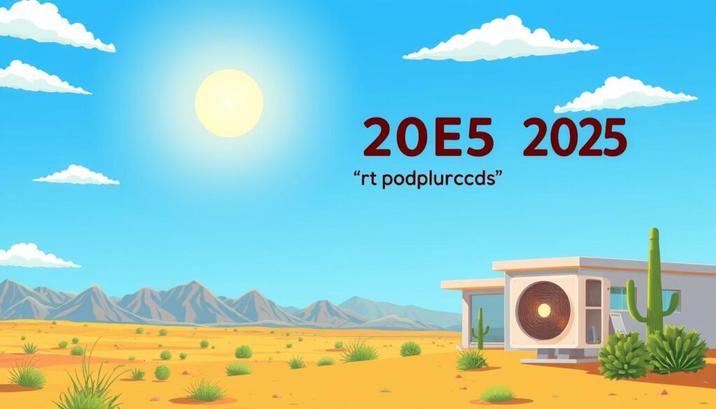 A sun-drenched desert landscape with rugged mountains in the background, their peaks shimmering under a cloudless azure sky. In the foreground, a modern Arizona home stands tall, its sleek architecture and energy-efficient design proudly showcasing the state's SEER requirements for 2025. The home's HVAC unit, prominently displayed, emanates a soft, warm glow, symbolizing the optimal energy efficiency mandated by local regulations. The scene conveys a sense of environmental consciousness and technological progress, inviting the viewer to consider the evolving standards for sustainable living in the region.