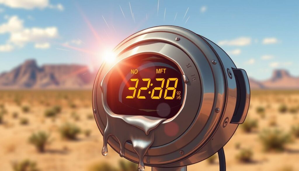 A thermostat straining under the scorching Arizona sun, its digital display flickering as it struggles to maintain its set temperature. The metal casing, sun-baked and distorted, radiates an intense heat, casting a hazy, shimmering effect on the surrounding environment. Beads of sweat trickle down the thermostat's surface, highlighting the extreme conditions it is designed to withstand. The background is a blur of desert landscape, with a cloudless sky and the distant silhouette of towering mountains, emphasizing the unrelenting nature of the heat. The image conveys the immense challenge of managing temperature control in the face of Arizona's extreme, unyielding climate.