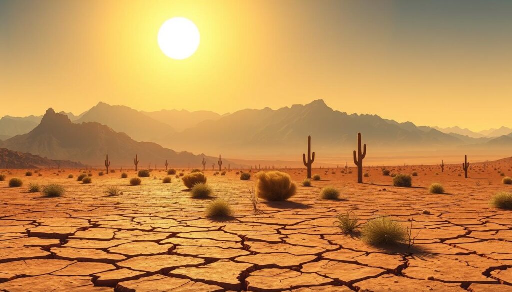 A vast, arid landscape under a scorching sun, the Arizona desert stretches out before us. In the foreground, a parched, cracked earth bakes in the intense heat, while in the distance, rugged mountains loom against a hazy, shimmering horizon. The middle ground is dotted with hardy, stunted vegetation, struggling to survive in this unforgiving climate. The light is harsh and unrelenting, casting deep shadows and highlighting the unforgiving nature of this environment. A sense of isolation and the challenges of maintaining comfort in such extreme conditions permeate the scene, underscoring the need for innovative cooling strategies to beat the Arizona summer heat.