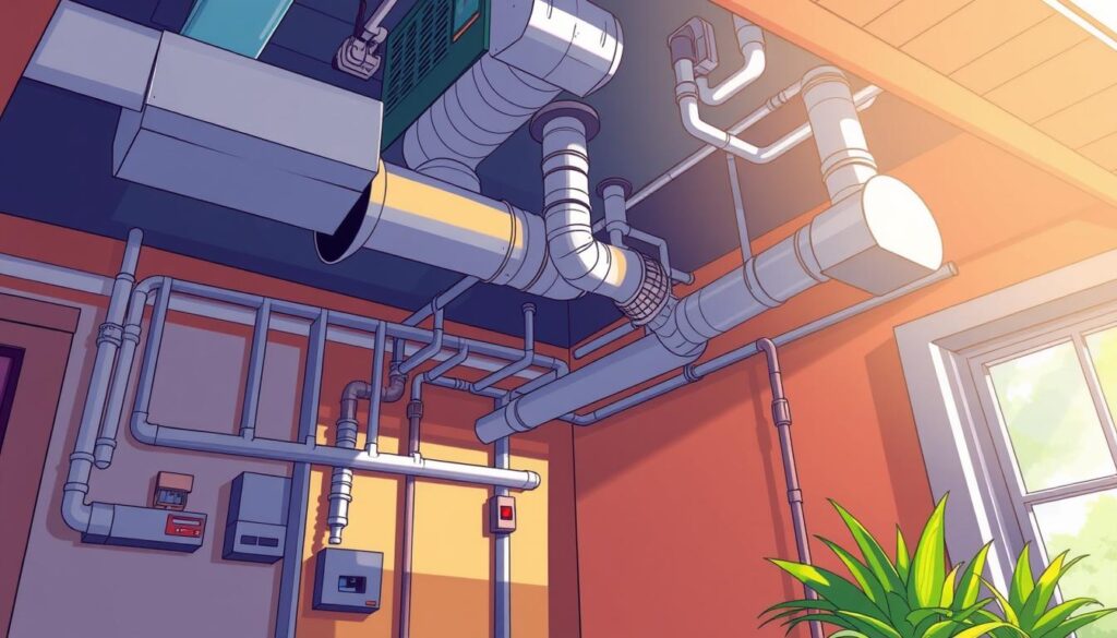 A well-designed HVAC system installation captured in a clear, detailed illustration. The focus is on the intricate network of ducts, vents, and pipes seamlessly integrated into the home's architecture. Vibrant natural lighting floods the scene, casting dramatic shadows and highlighting the precision engineering. The overall atmosphere conveys a sense of efficiency, functionality, and unobtrusive integration - an essential but invisible part of the home's comfortable climate control. The image showcases the additional advantages of a professionally installed HVAC system beyond just cost savings.