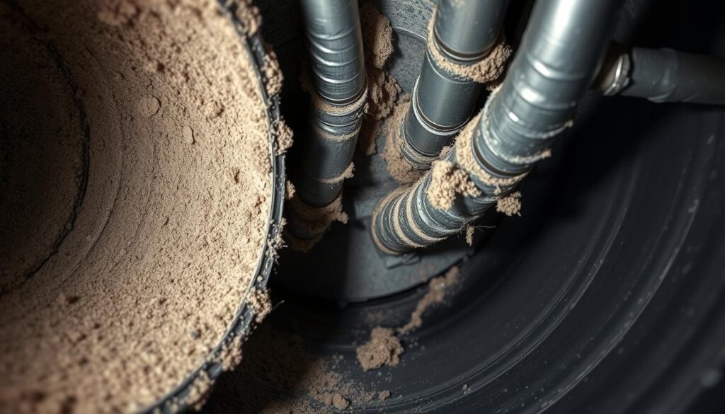 A well-lit, close-up view of a HVAC air duct system that requires cleaning. Dust, debris, and grime visibly cling to the inner surfaces of the metal ducts, signifying the need for maintenance. The ductwork is shown from a side angle, allowing for a clear perspective of the built-up contaminants. Soft, directional lighting illuminates the dusty details, creating a sense of realism. The image conveys the message that air ducts, though out of sight, can become significantly soiled over time, requiring professional cleaning to maintain indoor air quality.
