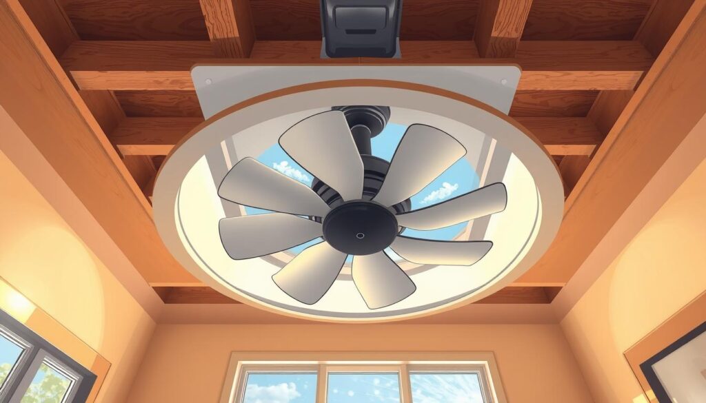 A well-lit, detailed interior view of a whole house fan installation. The fan is prominently featured, its blades gently spinning, drawing in cool outdoor air through an expansive vented opening in the ceiling. The surrounding space is clean, organized, and showcases the fan's integration with the home's structure. Warm, natural lighting filters in, highlighting the fan's technical components and the careful planning of the installation. The perspective is angled to provide a clear, informative view of the system, emphasizing its functionality and efficient design for whole-home ventilation.