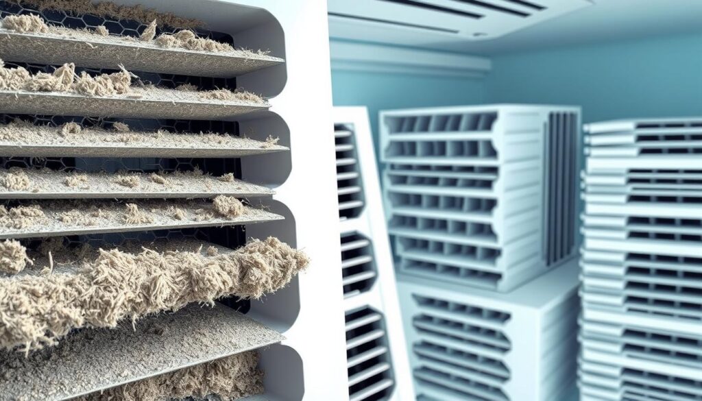 A well-lit, high-angle view of a HVAC system's air filters and vents, displaying an array of dirty and clean filters. The foreground showcases a close-up of a clogged filter, its intricate mesh obstructed by dust and debris. The middle-ground depicts an open air vent, its slats carefully angled to allow optimal airflow. In the background, a series of neatly stacked replacement filters stand ready, conveying the importance of regular maintenance. The overall composition emphasizes the need to inspect and replace air filters, a critical step in ensuring an air conditioner's efficient and effective operation.