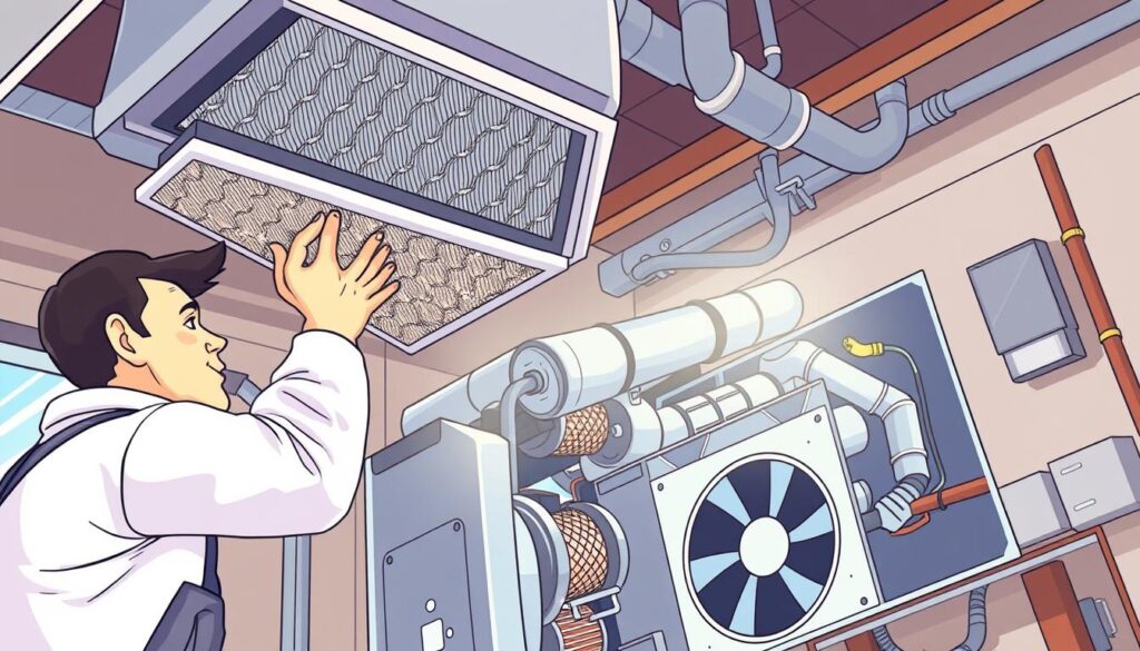 A well-lit, high-angle view of a modern HVAC system, showcasing its various components. The foreground features a technician inspecting the unit's air filters, checking for dust and debris buildup. The middle ground displays the system's inner workings, including the compressor, coils, and fans, all meticulously maintained. The background provides a glimpse of the surrounding environment, highlighting the importance of proper HVAC installation and placement for optimal efficiency. The overall scene conveys the benefits of regular HVAC inspections, such as improved energy efficiency, extended system lifespan, and enhanced indoor air quality.