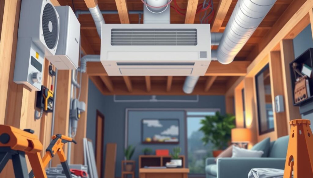 A well-lit, high-angle view of an HVAC system installation in a modern home interior. The scene features a central air conditioning unit, ductwork, and electrical wiring neatly integrated into the home's construction. The foreground showcases various tools and materials used by the skilled technicians, conveying the technical expertise required. The middle ground highlights the complex plumbing and electrical integration, while the background softly blurs the surrounding living space, emphasizing the importance of the HVAC system's seamless integration. The overall mood is one of precision, attention to detail, and the significant impact of the HVAC system on a home's functionality and comfort.