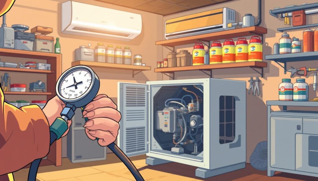 A well-lit interior workshop scene showcasing various factors affecting the cost of a Freon recharge for an air conditioning unit. In the foreground, a technician's hands inspecting the refrigerant gauge and hoses. In the middle ground, an open AC unit with its components visible, highlighting the complexity of the system. The background features shelves stocked with Freon canisters, tools, and other HVAC supplies, conveying the specialized equipment required. Soft shadows and warm lighting create a professional, technical atmosphere, emphasizing the importance of proper Freon recharge for optimal AC performance.