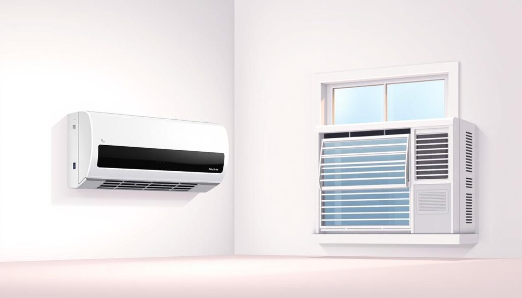 A well-lit studio scene showcasing two prominent cooling systems - a sleek, modern-looking mini-split unit and a classic window air conditioner. The mini-split is mounted on the wall, its elegant lines and unobtrusive profile contrasting with the bulkier, more prominent window unit. Soft, diffused lighting bathes the scene, highlighting the texture and details of the appliances. The background is a clean, neutral palette, allowing the cooling options to take center stage. The overall composition emphasizes the visual comparison between the two systems, inviting the viewer to consider the aesthetic and practical differences between these common residential cooling solutions.