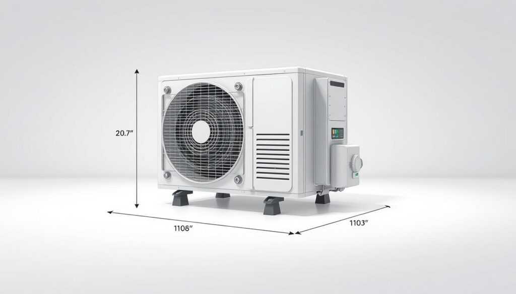 An air conditioning unit, its measurements displayed in precise technical detail, captured under bright, evenly-distributed studio lighting. The unit is positioned in the center, with a clean, white background that allows the critical dimensions and components to be clearly visible. The perspective is slightly elevated, showcasing the unit's depth and providing a comprehensive understanding of its size and scale. The image conveys a sense of technical expertise and attention to detail, suitable for illustrating a guide on selecting the right AC unit size.