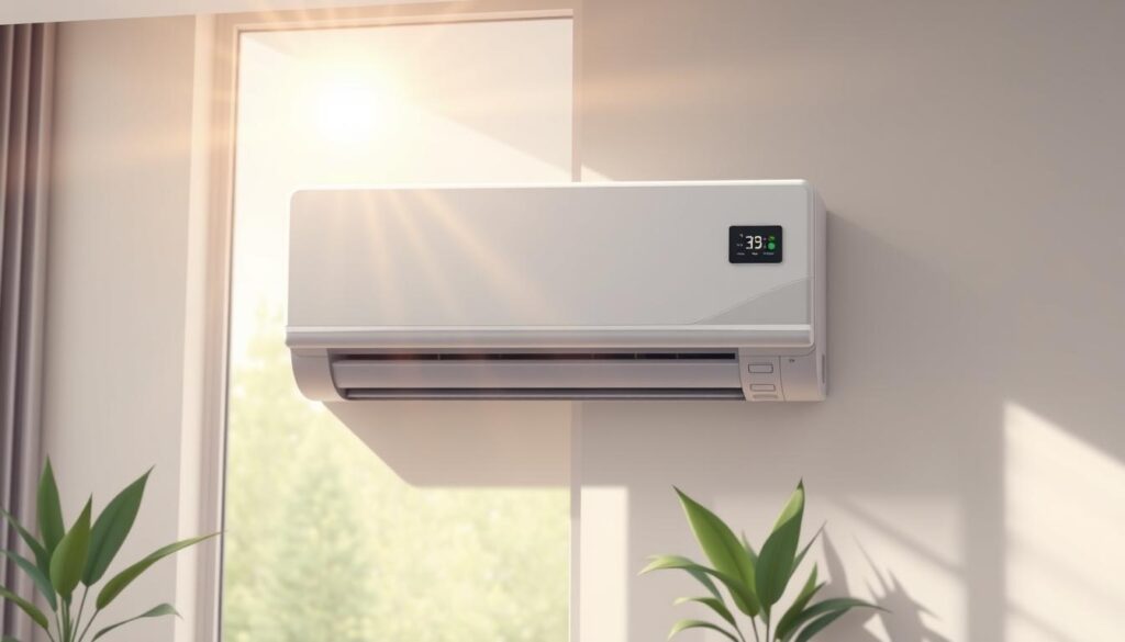 An energy-efficient air conditioning unit with a sleek, modern design set against a backdrop of a sun-dappled, minimalist interior. The unit is mounted flush against the wall, its clean lines and subdued color palette seamlessly blending with the surrounding decor. Sunlight streams in through large windows, casting a warm, ambient glow over the scene. The AC unit's control panel is prominently displayed, showcasing its intuitive, user-friendly interface. The overall atmosphere conveys a sense of efficiency, comfort, and environmental consciousness.