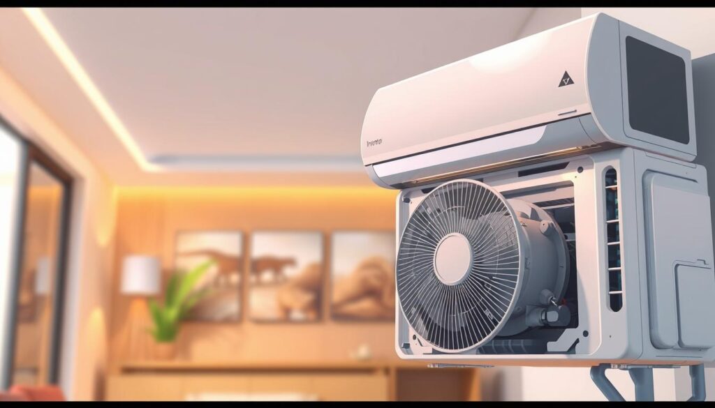 An interior view of a modern smart air conditioner, showcasing its energy-efficient inverter technology. In the foreground, a detailed cross-section reveals the intricate components, including the inverter module, compressor, and heat exchanger. The midground highlights the sleek, minimalist design of the AC unit, with clean lines and a muted color palette. In the background, a softly blurred scene depicts a well-insulated room, emphasizing the energy-saving benefits of the inverter technology. The lighting is warm and natural, creating a sense of efficiency and comfort. The overall mood conveys the advanced engineering and cost-saving advantages of smart inverter air conditioners.