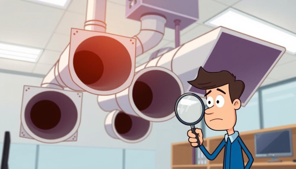 An office setting with a stylized HVAC duct system prominently displayed. The ducts are made of sleek, modern materials, hinting at common misconceptions about their maintenance. In the foreground, a person examines the ducts with a magnifying glass, their expression quizzical, conveying the theme of "myths" surrounding duct cleaning. Soft, directional lighting illuminates the scene, creating a contemplative atmosphere. The background is subtly blurred, keeping the focus on the duct system and the person investigating it. This image should visually capture the essence of the "Understanding Common HVAC Duct Cleaning Myths" section of the article.