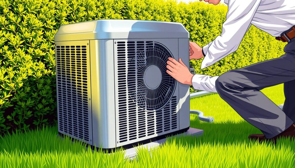 An outdoor air conditioning unit, well-maintained and surrounded by a manicured green lawn. The unit's metal casing gleams in the warm sunlight, with intricate fins and vents meticulously cleaned. A technician, dressed in a crisp uniform, carefully inspects the unit, checking for any signs of wear or damage. The scene conveys a sense of diligence and attention to detail, as the technician ensures the unit is functioning at its optimal level. The background features a neatly trimmed hedge, adding a touch of symmetry and order to the overall composition. The image captures the essence of a well-executed monthly DIY AC maintenance routine, reflecting the care and commitment required to keep a home's cooling system in top condition.