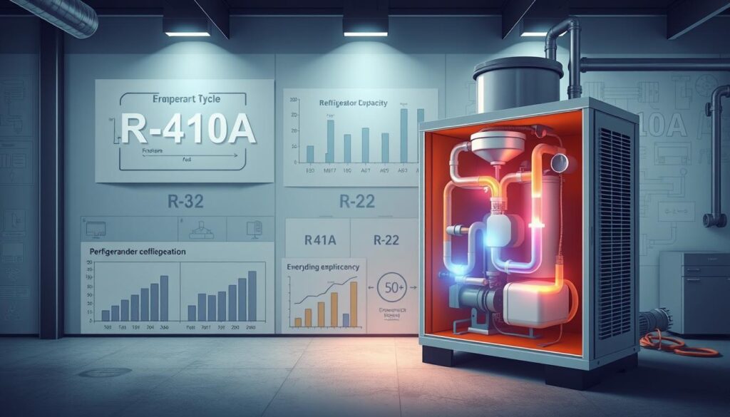 Detailed technical illustration of the efficiency of R-410A refrigerant. The foreground features a cross-section of an HVAC system with the R-410A refrigerant cycle highlighted, showcasing the circulation of the refrigerant and key components like the compressor, condenser, and evaporator. The middle ground depicts graphs and charts comparing the performance metrics of R-410A against R-22, such as cooling capacity, energy efficiency, and environmental impact. The background has a clean, minimalist industrial aesthetic with technical blueprints and engineered schematics, conveying a sense of precision and innovation. Rendered in a high-quality, photorealistic style with precise technical detail and moody, evocative lighting.
