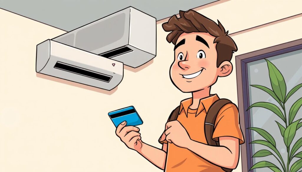 Generate an image of a person holding a credit card and standing in front of an air conditioning unit.